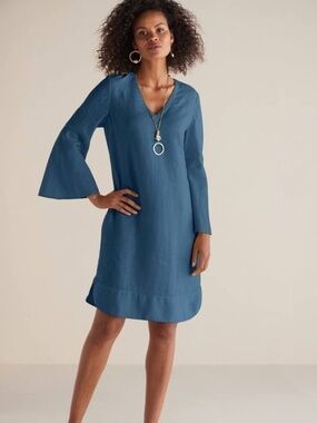 Soft Surroundings 100% Linen Dress Starry Night Blue, Long Sleeves, Never Worn